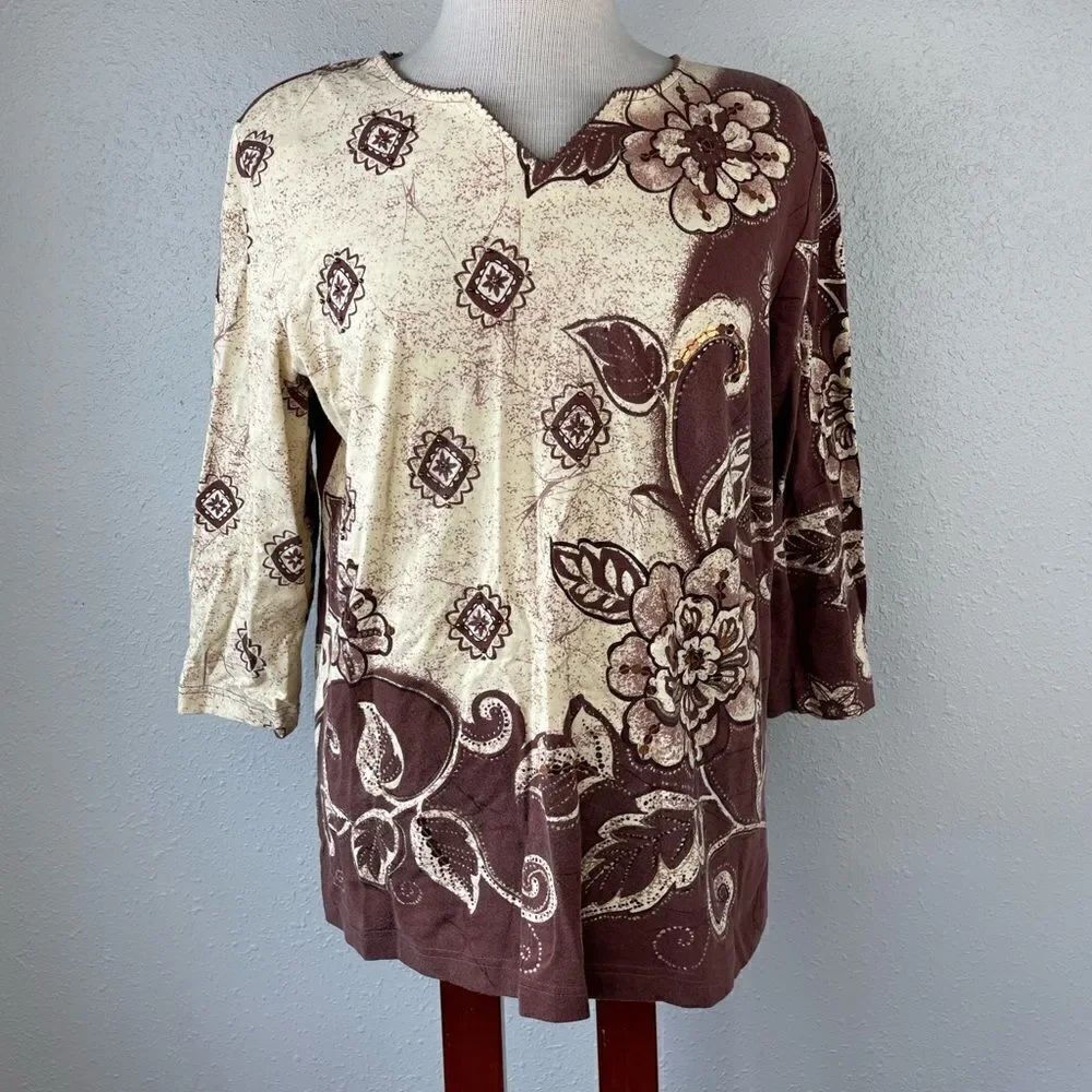Alfred Dunner Three Quarter Sleeve Sequined Top Size S EUC